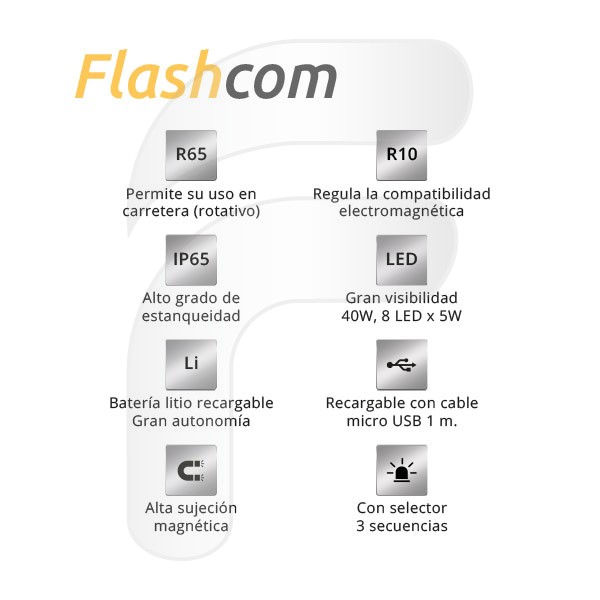 FLASHCOM BALIZA EMERGENCIA LED R65 RECARGABLE USB